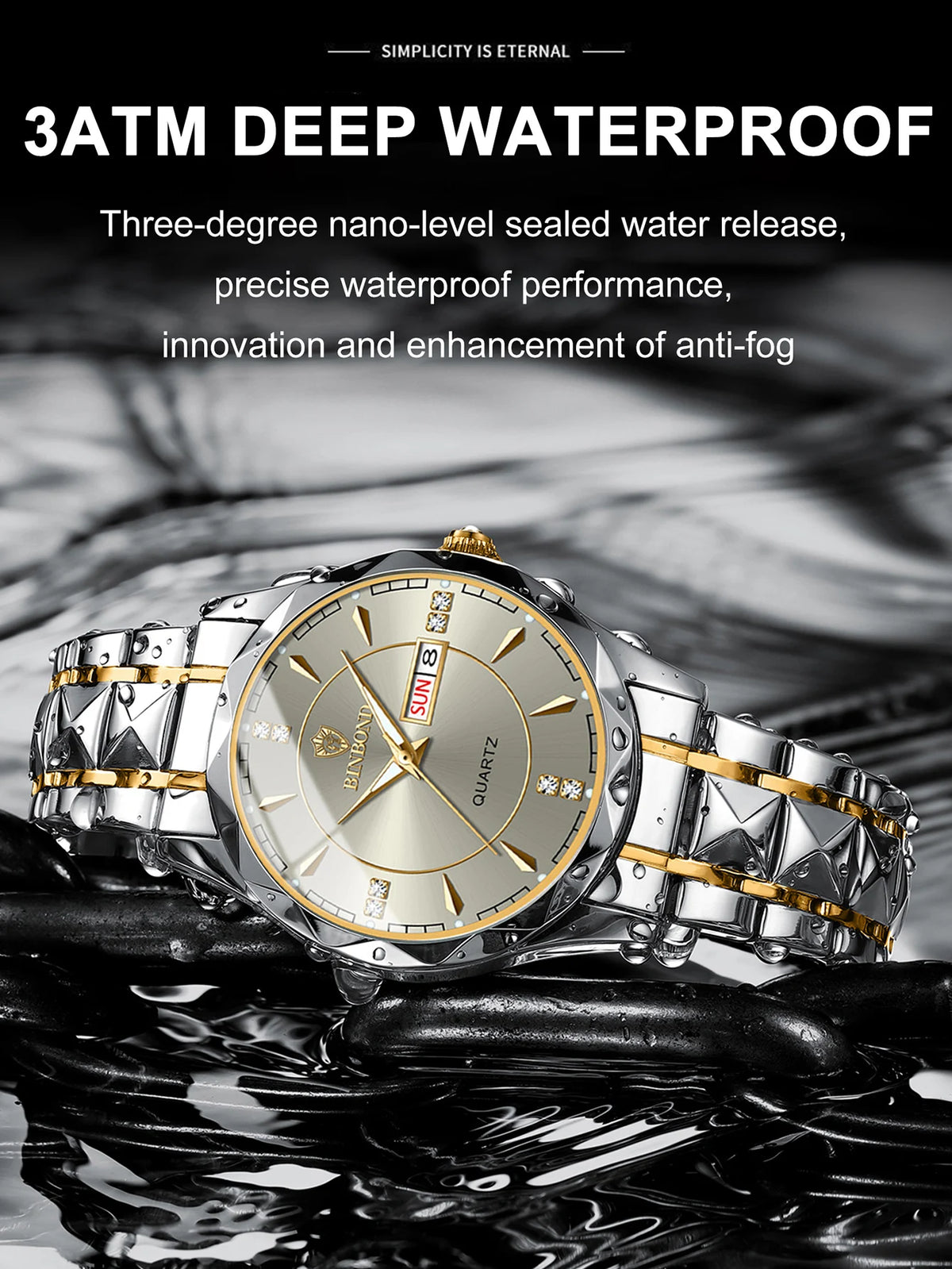 A stainless steel quartz watch is shown being tested for its waterproof performance under water droplets.
