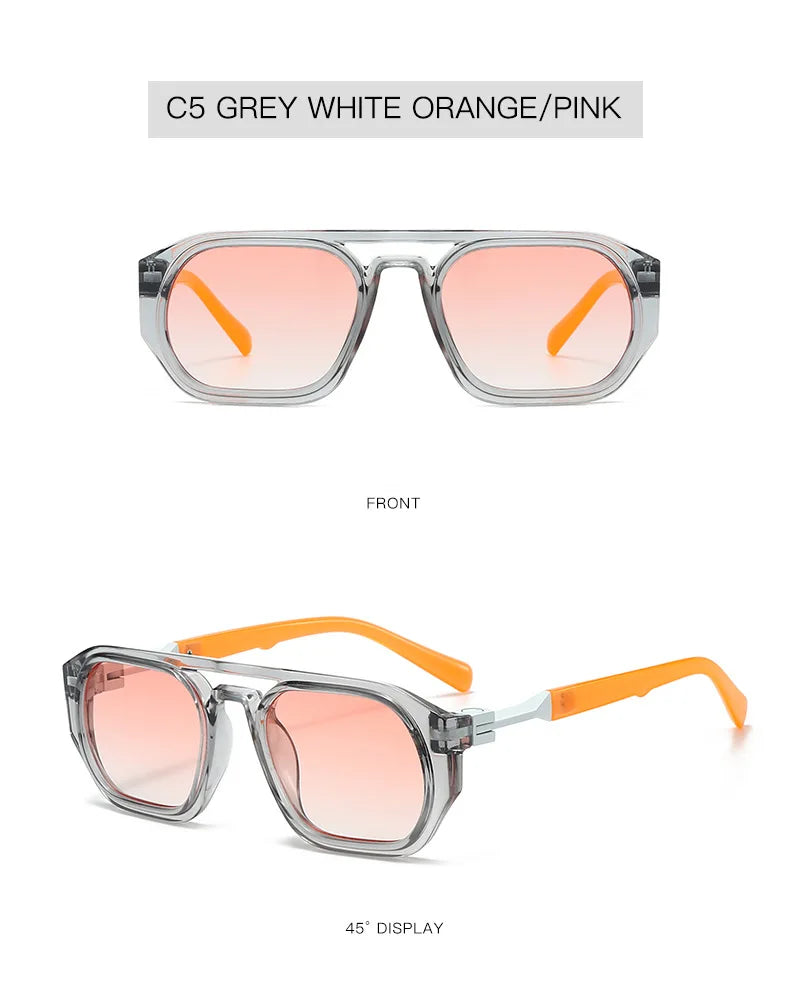 Gafas de computadora cuadradas anti-luz azul en colores gris, blanco, naranja y rosa, vistas frontal y lateral
