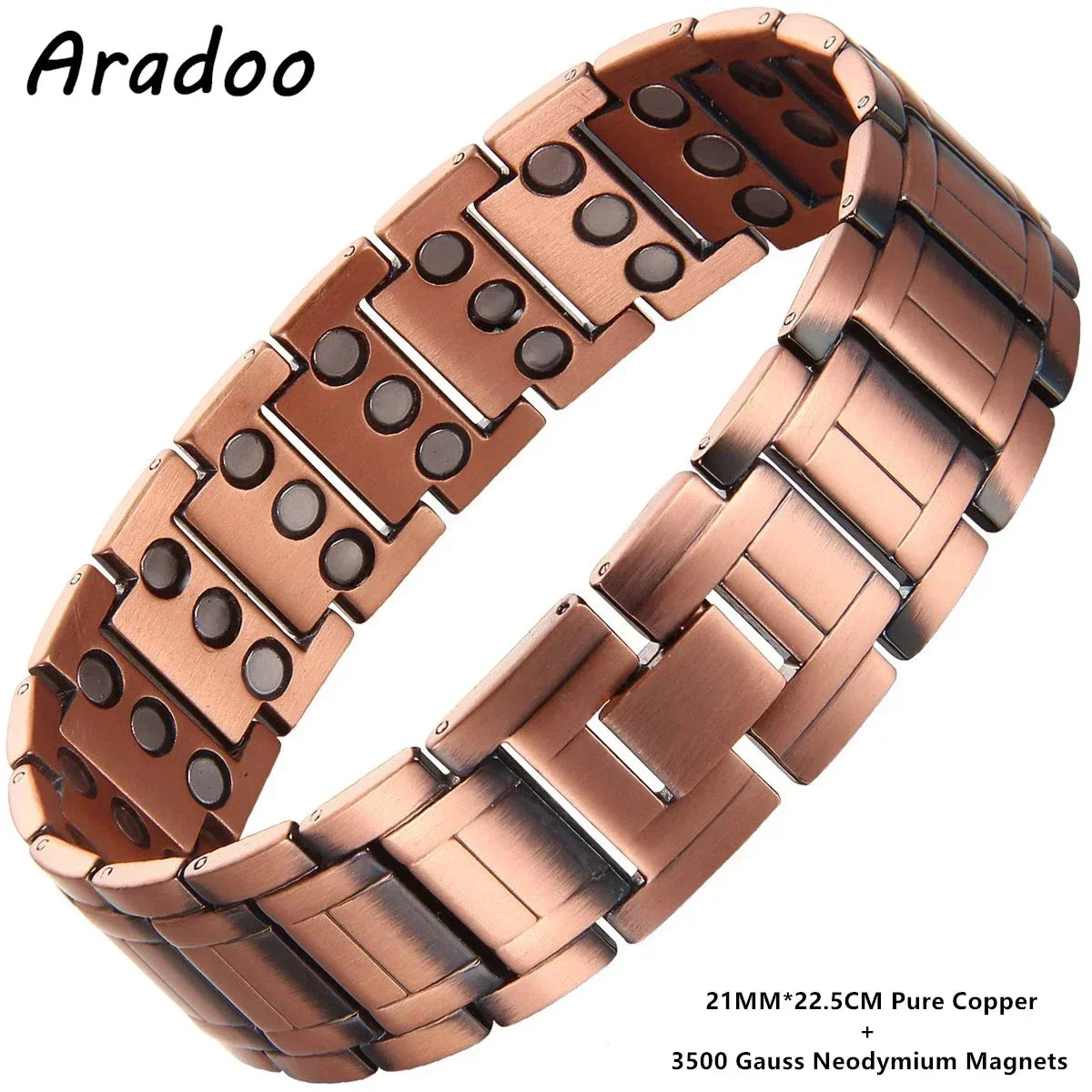 A copper magnetic bracelet with a textured surface and round magnetic studs on a wrist.
