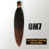 A bundle of black and brown pre-stretched Kanekalon braiding hair extensions labeled OM7 with a hot water setting.