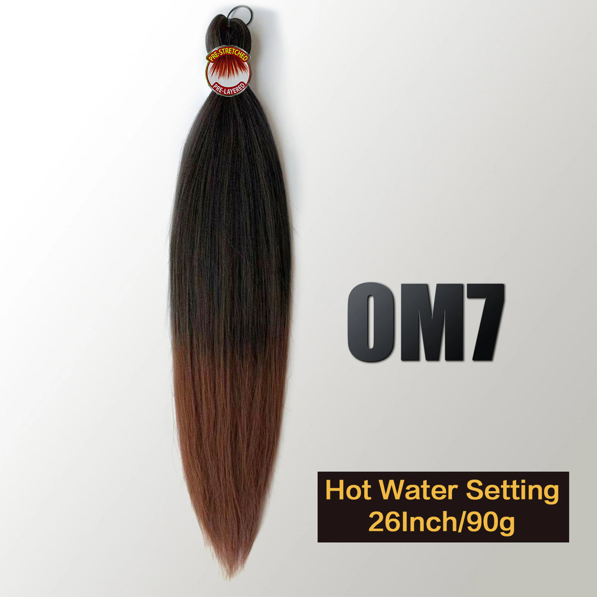 A bundle of black and brown pre-stretched Kanekalon braiding hair extensions labeled OM7 with a hot water setting.