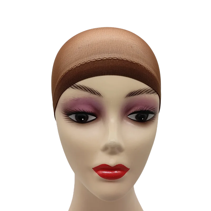 A mannequin head wearing a brown stretch mesh wig net cap for hair with purple eyeshadow and red lipstick.