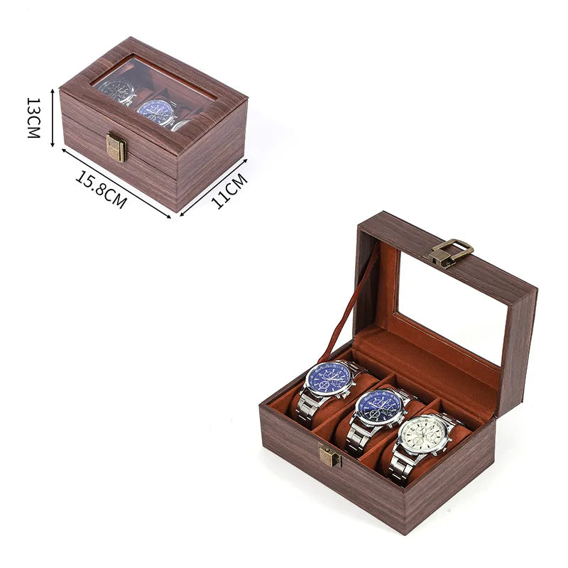 Holzkästchen für Uhren mit Schloss, das mehrere Armbanduhren enthält.