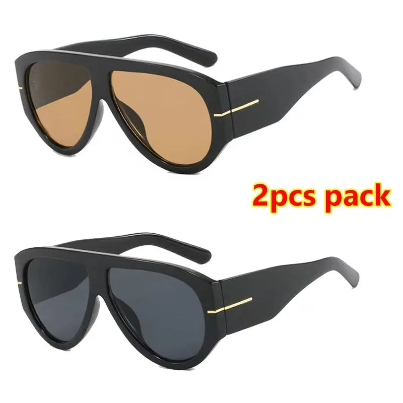 A pair of black retro oval sunglasses with brown tinted lenses shown in a 2-piece pack.