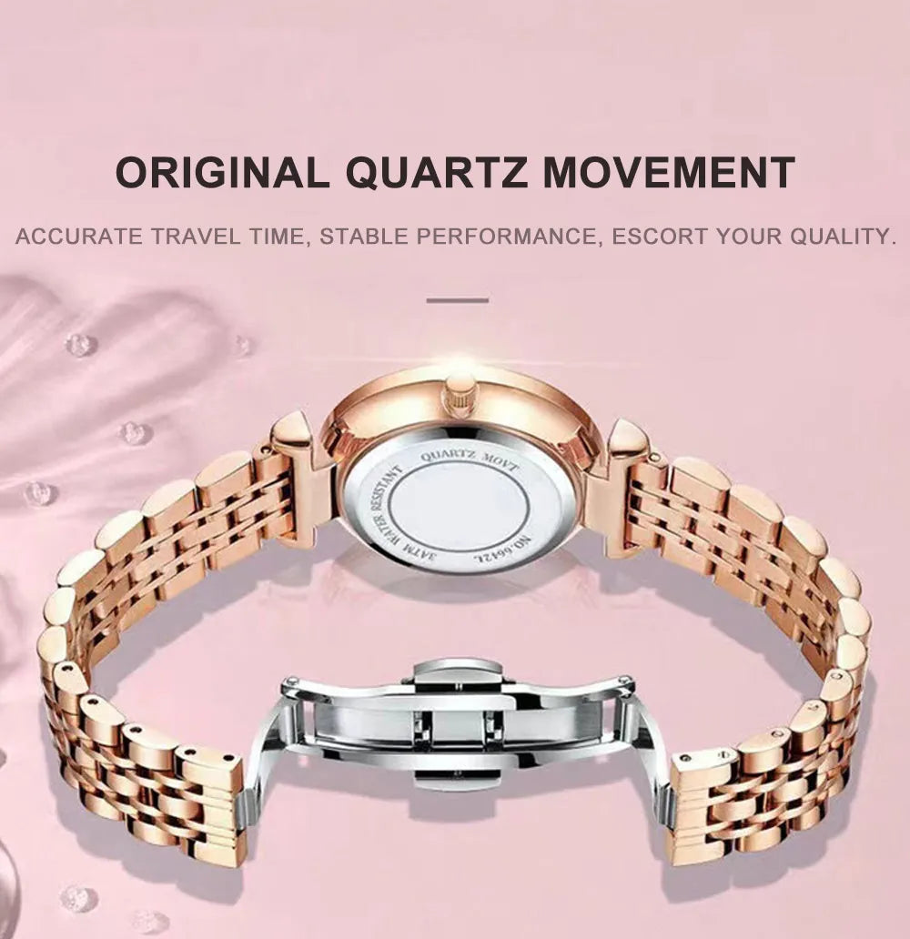 A close-up of a rose gold stainless steel quartz ladies wristwatch with a leather strap displayed against a pink background.