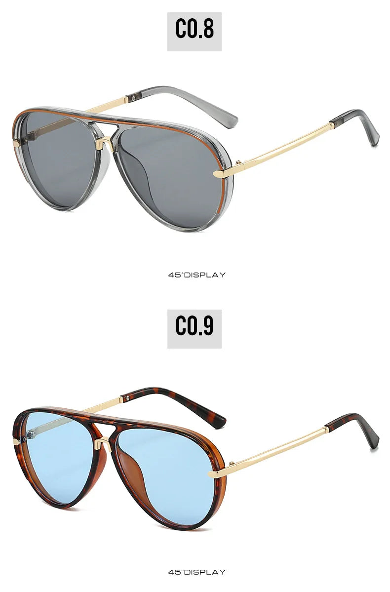A pair of aviator-style sunglasses with brown frames and blue mirrored lenses shown in a studio setting.