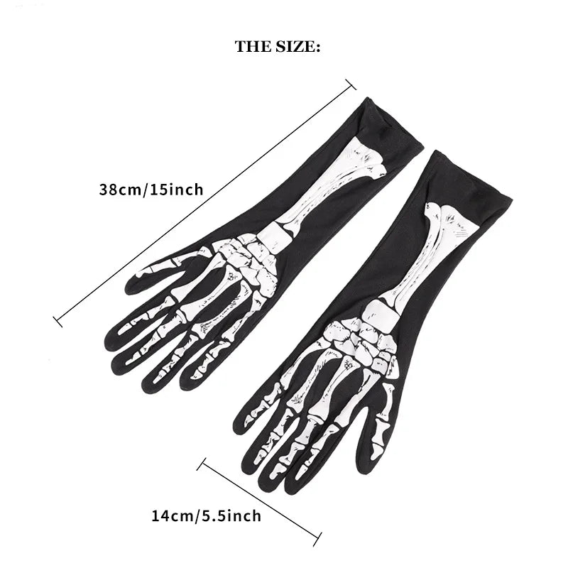 Pair of black gloves with a skeleton design showing measurements 38cm/15inch and 14cm/5.5inch.