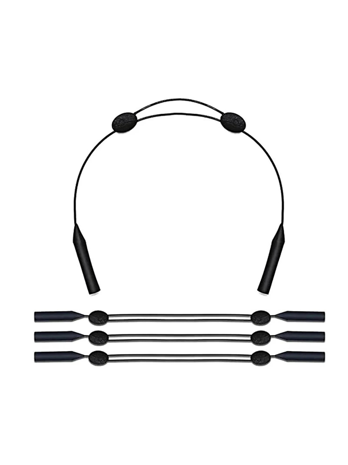 Black adjustable anti-slip eyeglass retainer strap with multiple sizes shown.