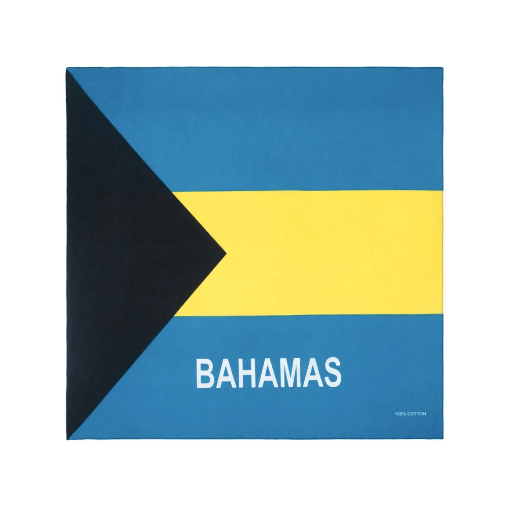 Quadratisches Stoffmuster mit der Flagge der Bahamas: blauer Grund und gelbe Streifen.