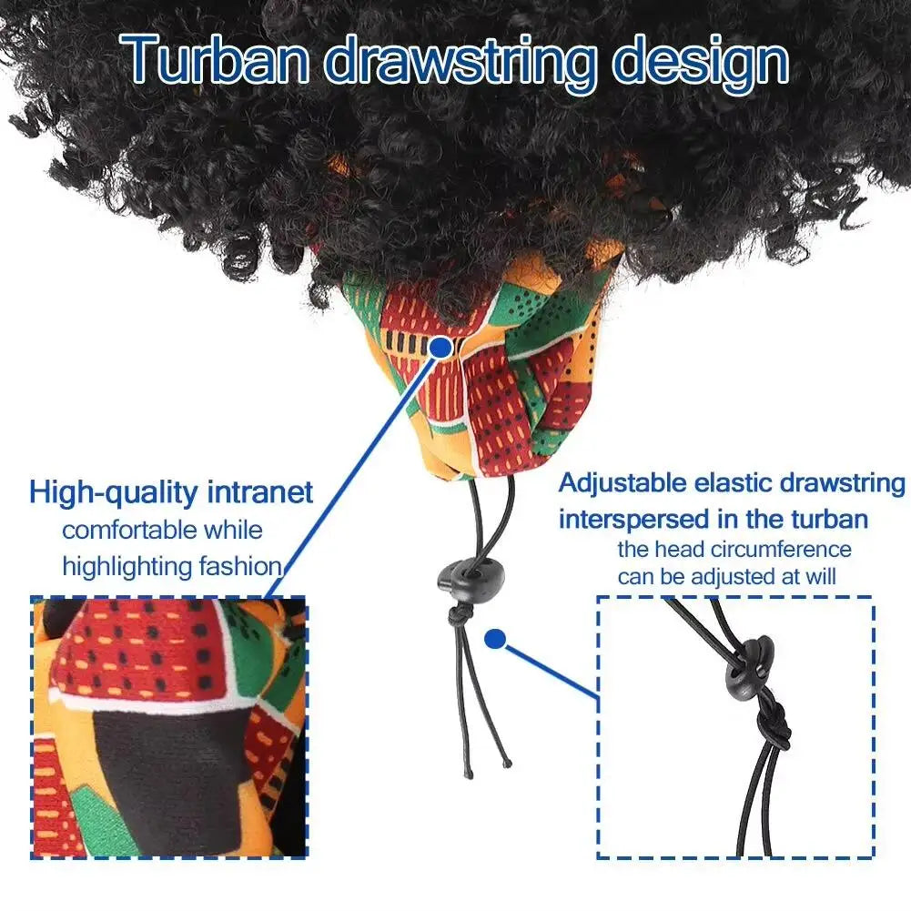 Peluca con diseño de turbante negro y tela estampada a juego con cordón ajustable.