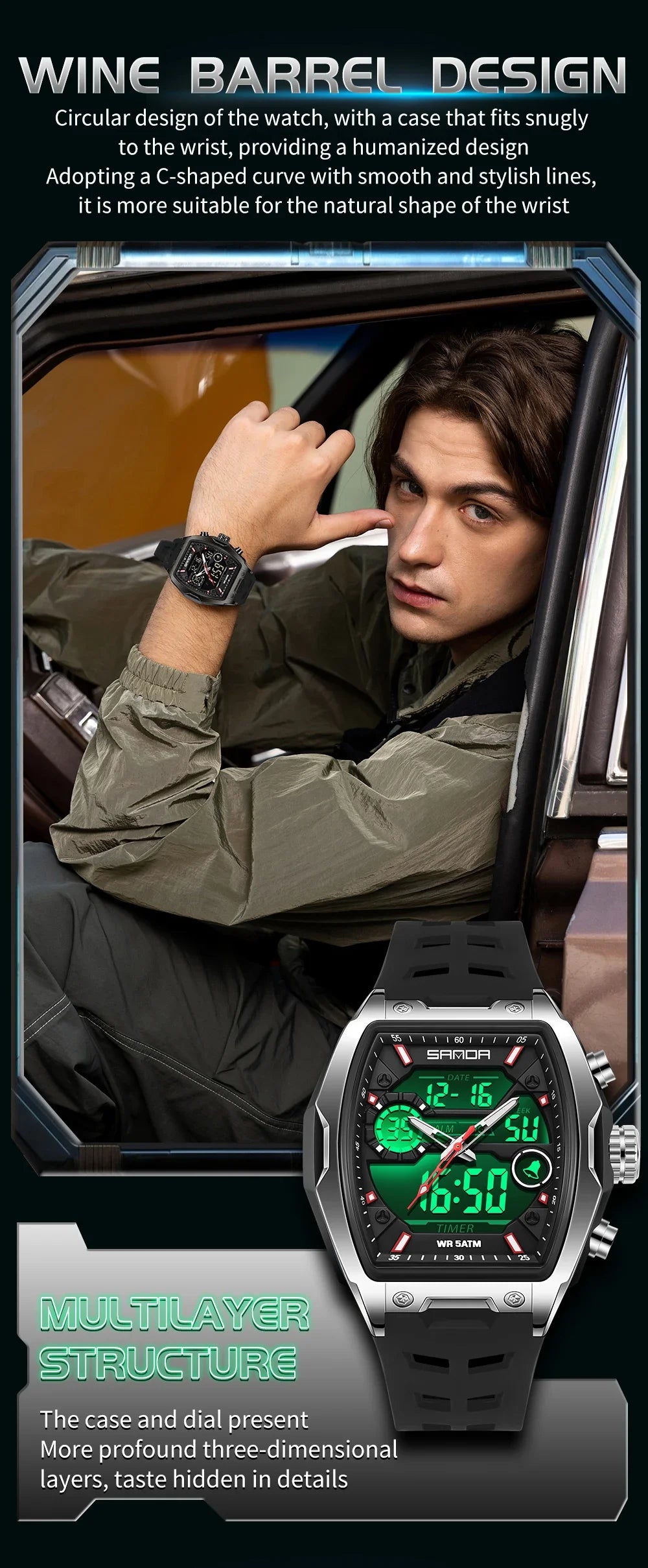 Nahaufnahme einer Herren-Chronographen-Armbanduhr mit Doppelzifferblatt, getragen in der Innenausstattung eines Autos.
