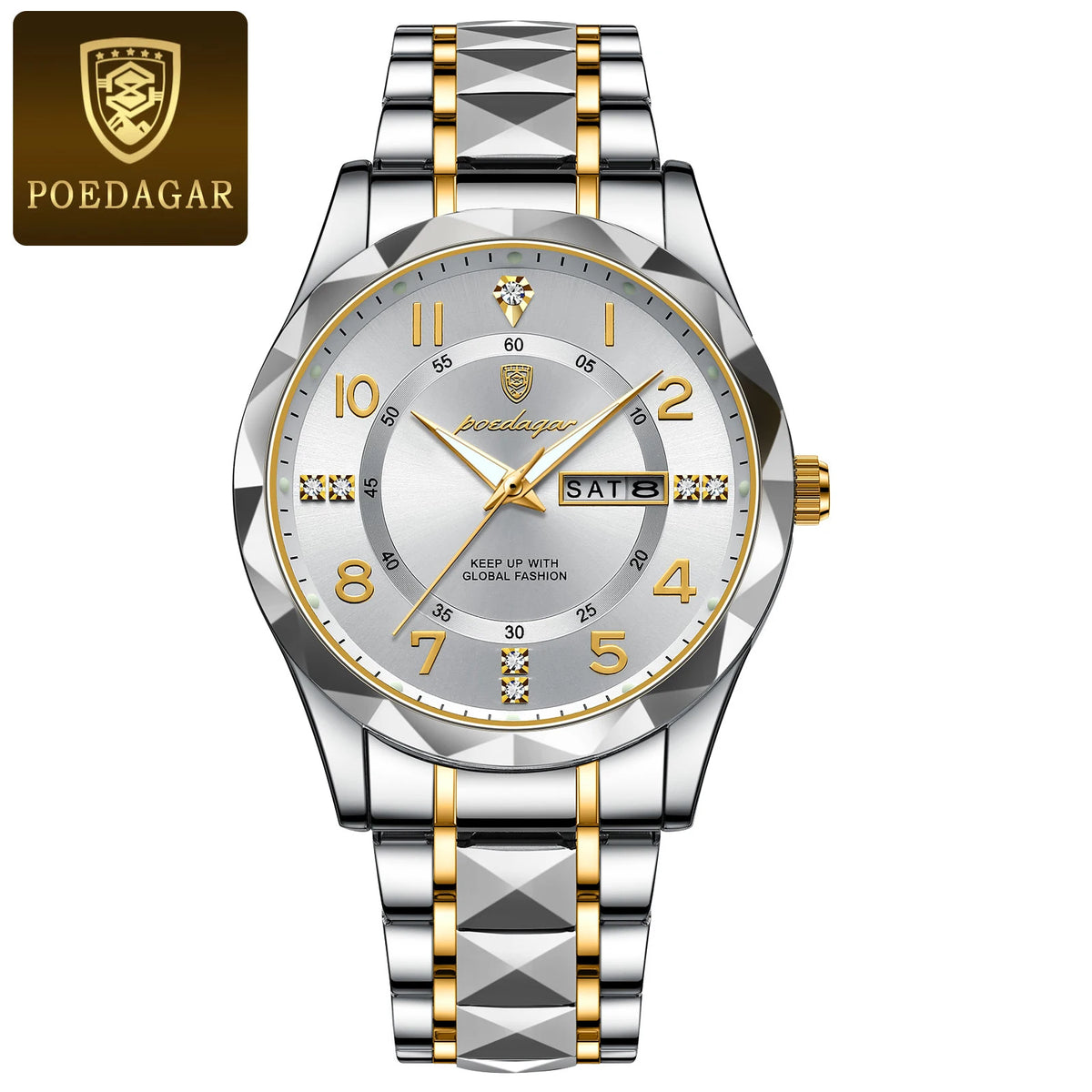 A silver and gold luxury men's quartz watch with a diamond-cut crystal face and metal bracelet.