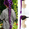 A purple synthetic braided ponytail for a girl shown in a woman's hair and on a mannequin head.