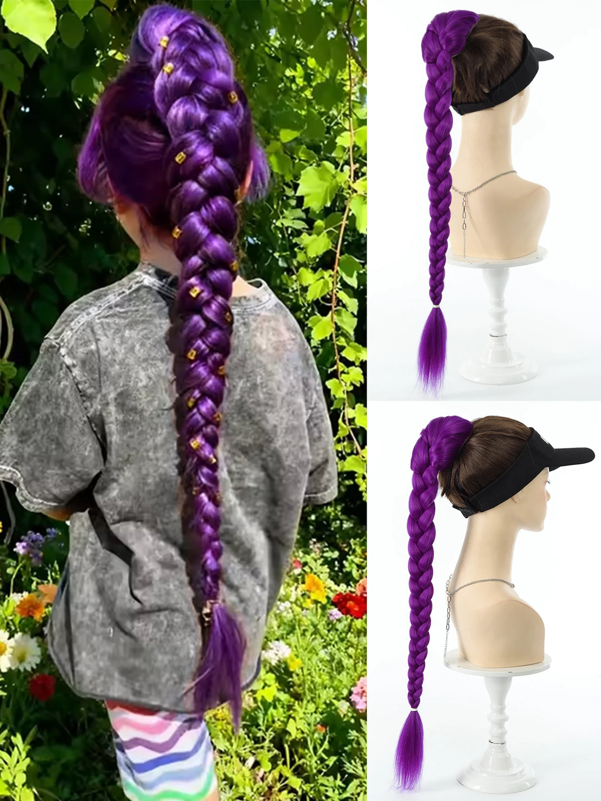 A purple synthetic braided ponytail for a girl shown in a woman's hair and on a mannequin head.