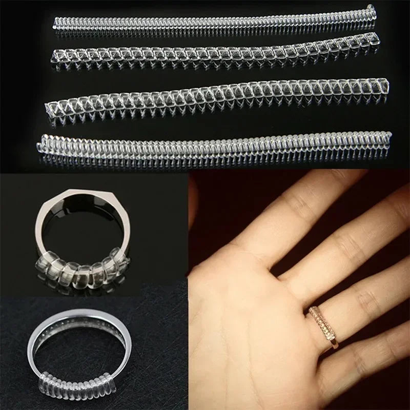 A set of four clear plastic invisible ring size adjusters shown in various arrangements and on a hand.