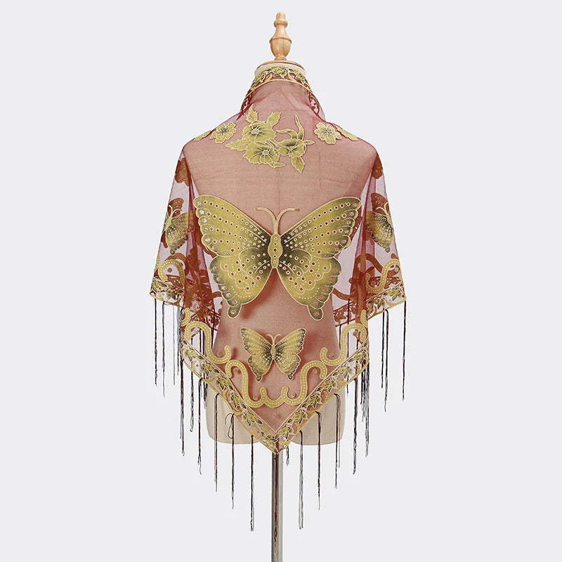 Elegant printed butterfly lace scarf shawl in pink and gold tones