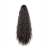 A long, dark brown kinky curly ponytail hair extension with a clip-in visible against a white background.