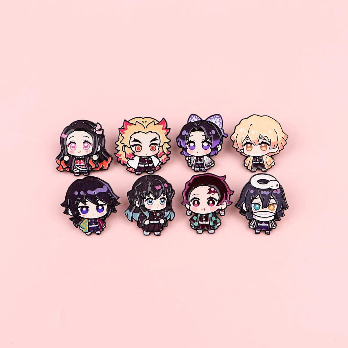 A set of eight cute enamel cartoon brooches featuring various stylized characters and hair colors.