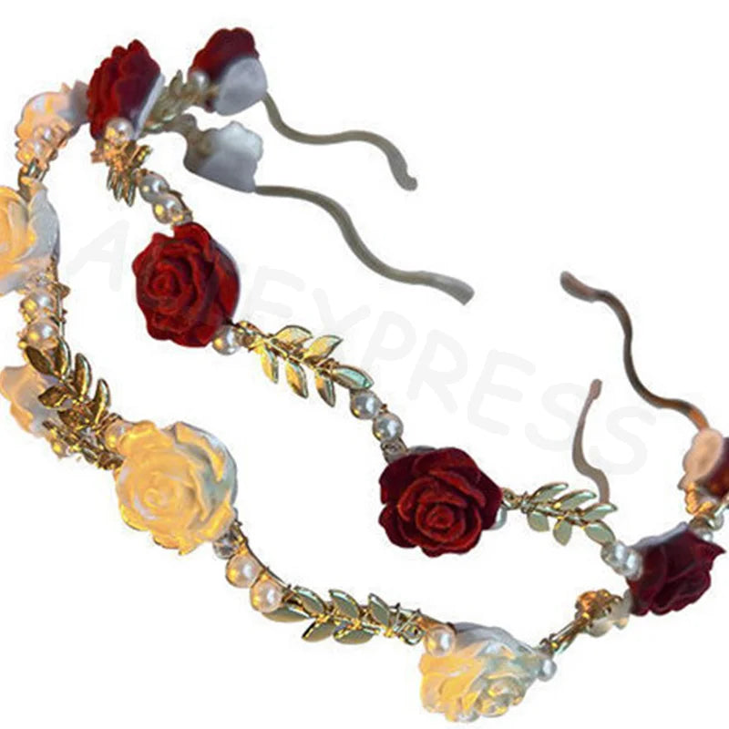 Elegant rose vine headband hair accessory featuring deep red and pale yellow roses on a delicate gold wire.