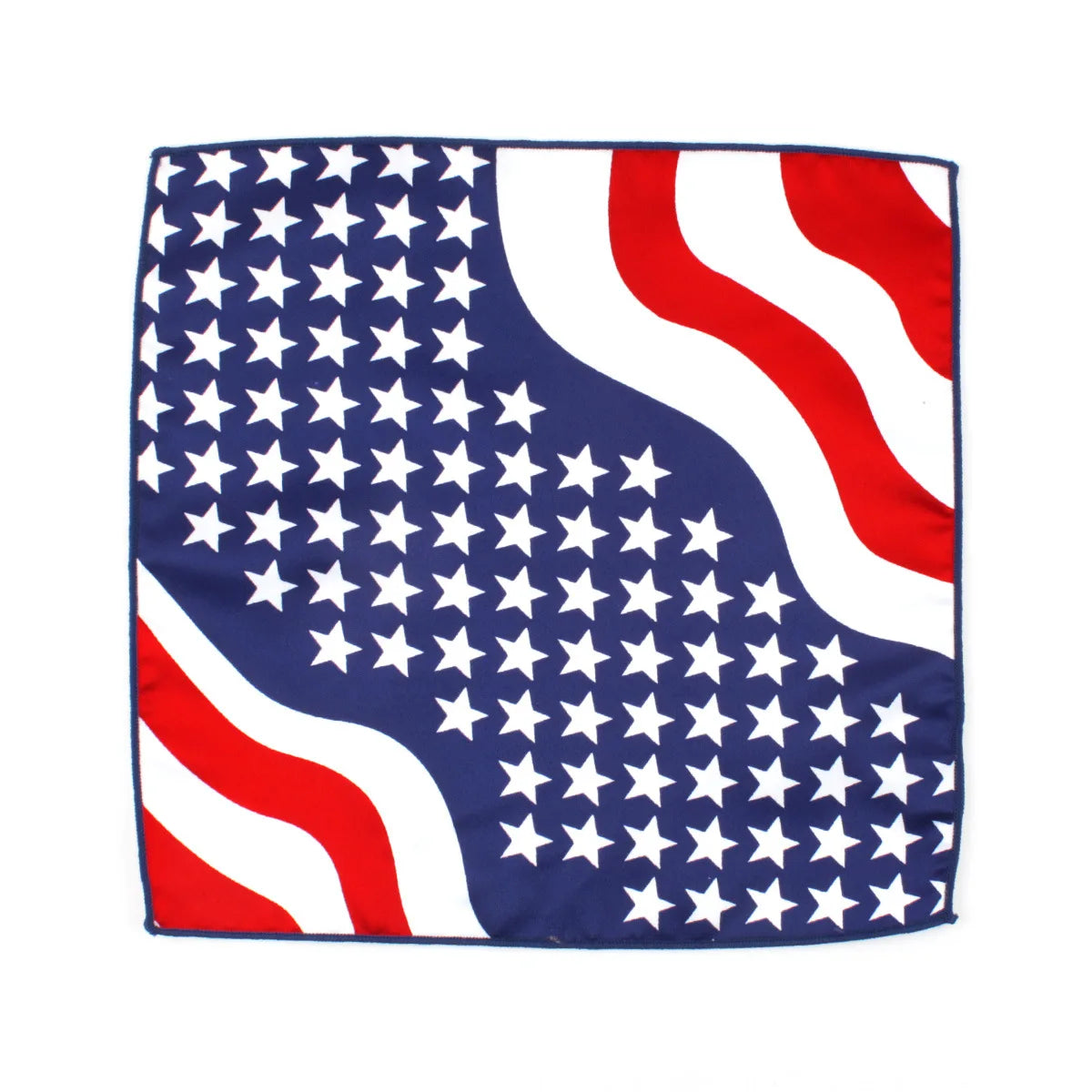 A silk necktie featuring a patriotic design with stars and stripes.