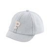 A light gray denim baseball cap with a tan embroidered letter P