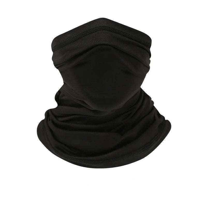 Black all-in-one multi-use sun protection head scarf folded and displayed