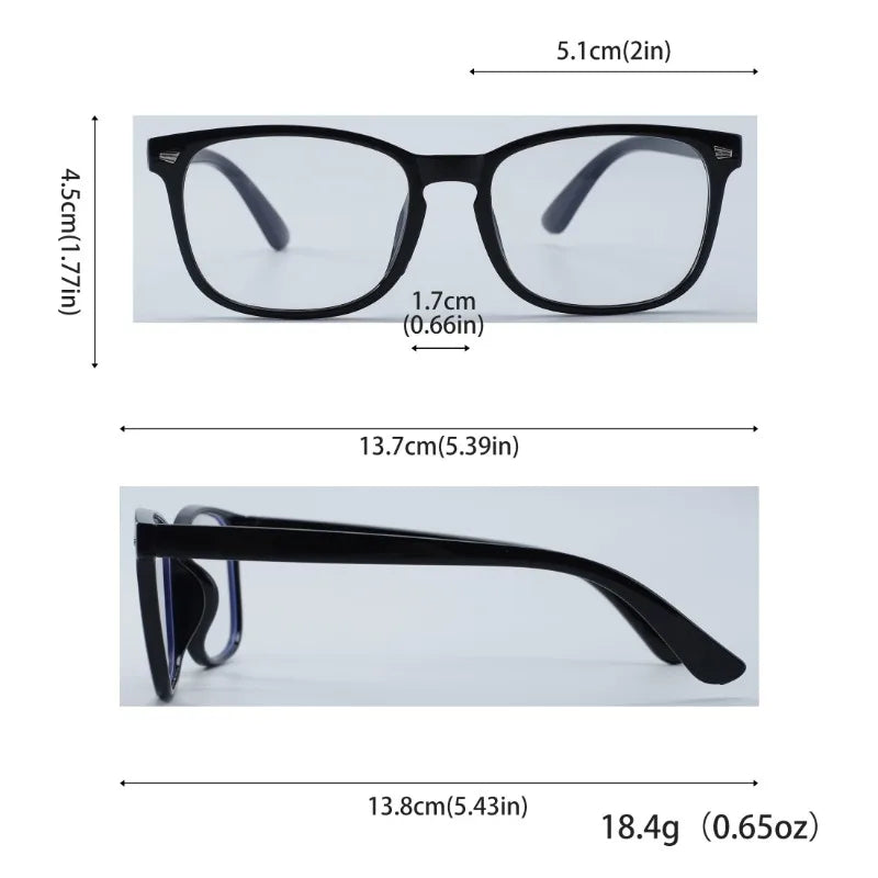 Black vintage square anti-blue light eyeglasses shown from the front and side.