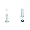 A glass ear stretching kit showing a cylindrical piece, a plug, and a black ring.
