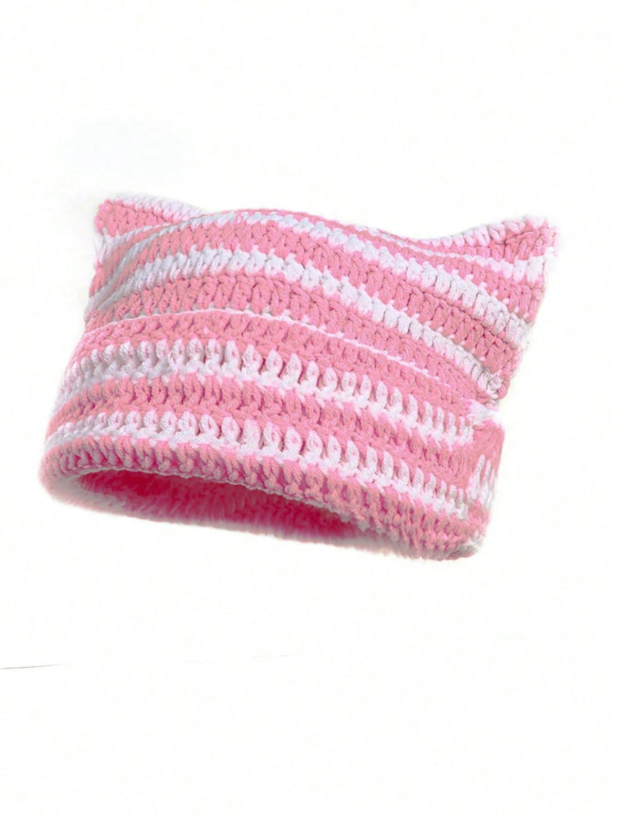 Pink and white crocheted beanie hat with cat ear design