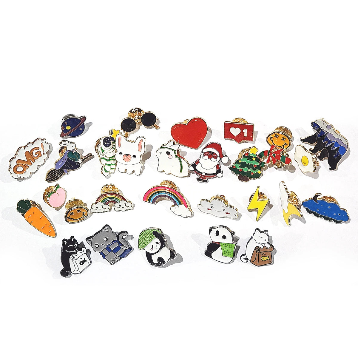 A collection of 50 cute random fashion pins and badges featuring various animal and themed designs.