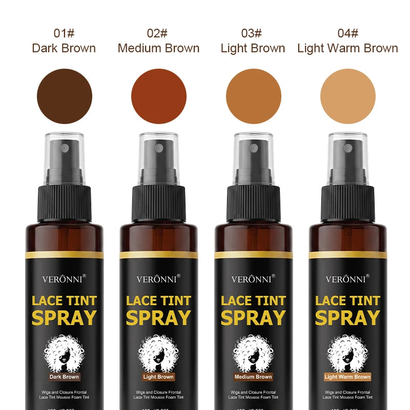 A set of four bottles of Verönni Lace Tint Spray in shades of brown: Dark Brown, Medium Brown, Light Brown, and Light Warm Br