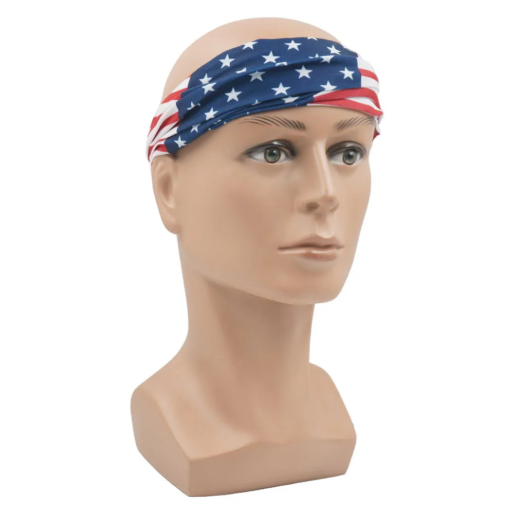 A mannequin head wearing a blue and white American flag bandana neck gaiter or headscarf.
