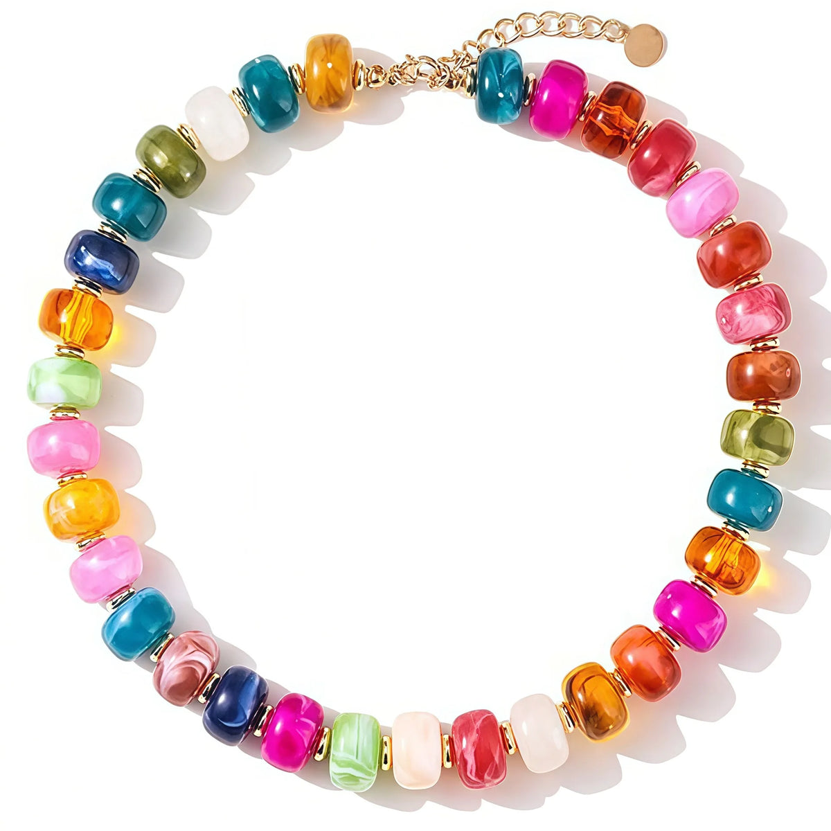 A close-up of a colorful resin beaded statement choker necklace featuring various shades of blue, pink, orange, and green sto