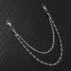 Silver double-layer waist chain accessory with lobster clasps displayed against a dark background.