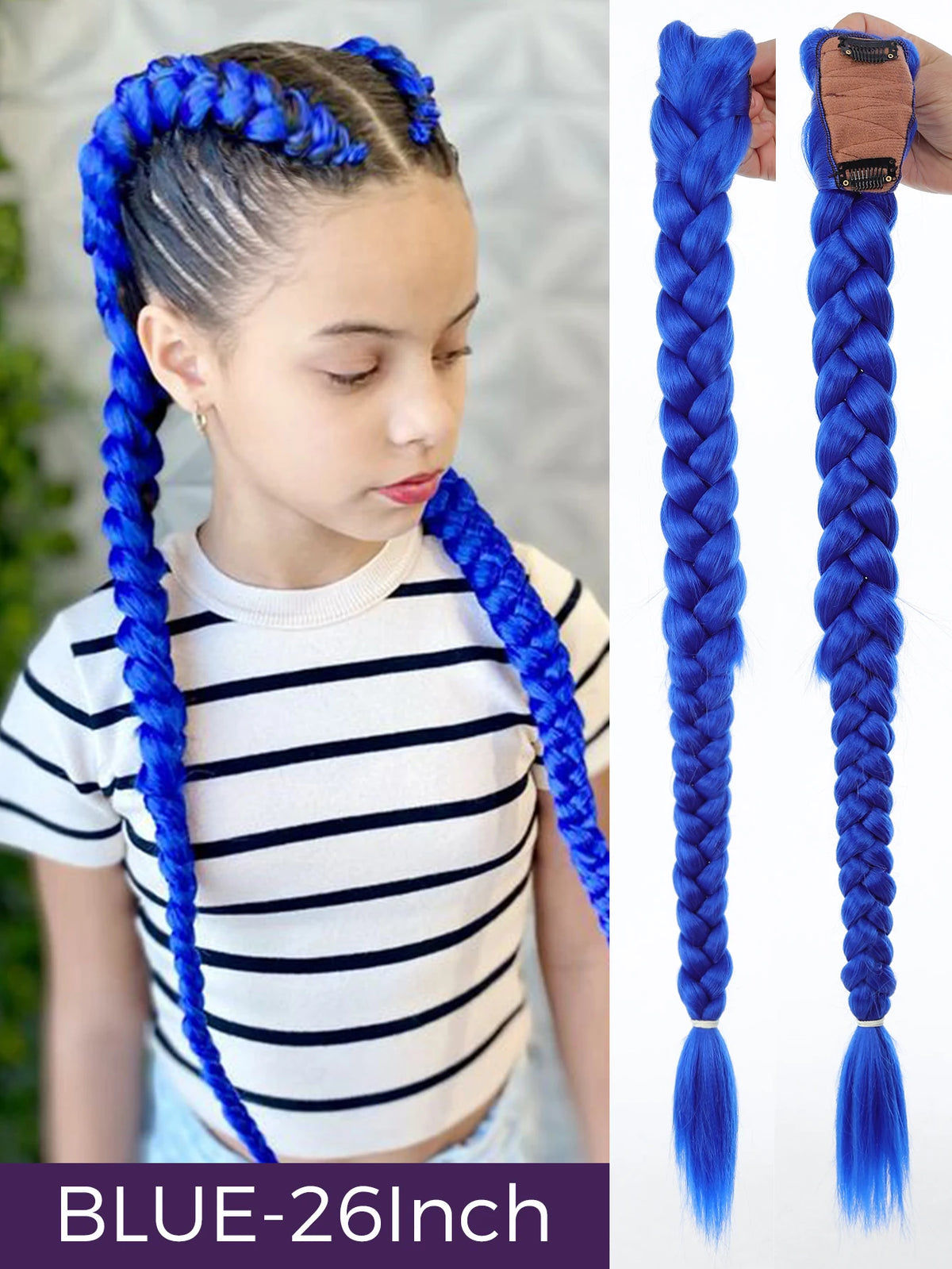 Blue 26 inch braided hair ponytail with tinsel extensions