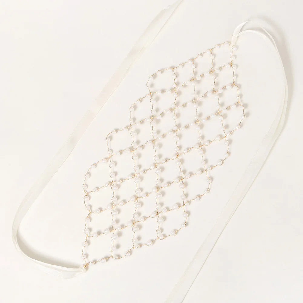 Elegant pearl hair net headband for women displayed on a light background.
