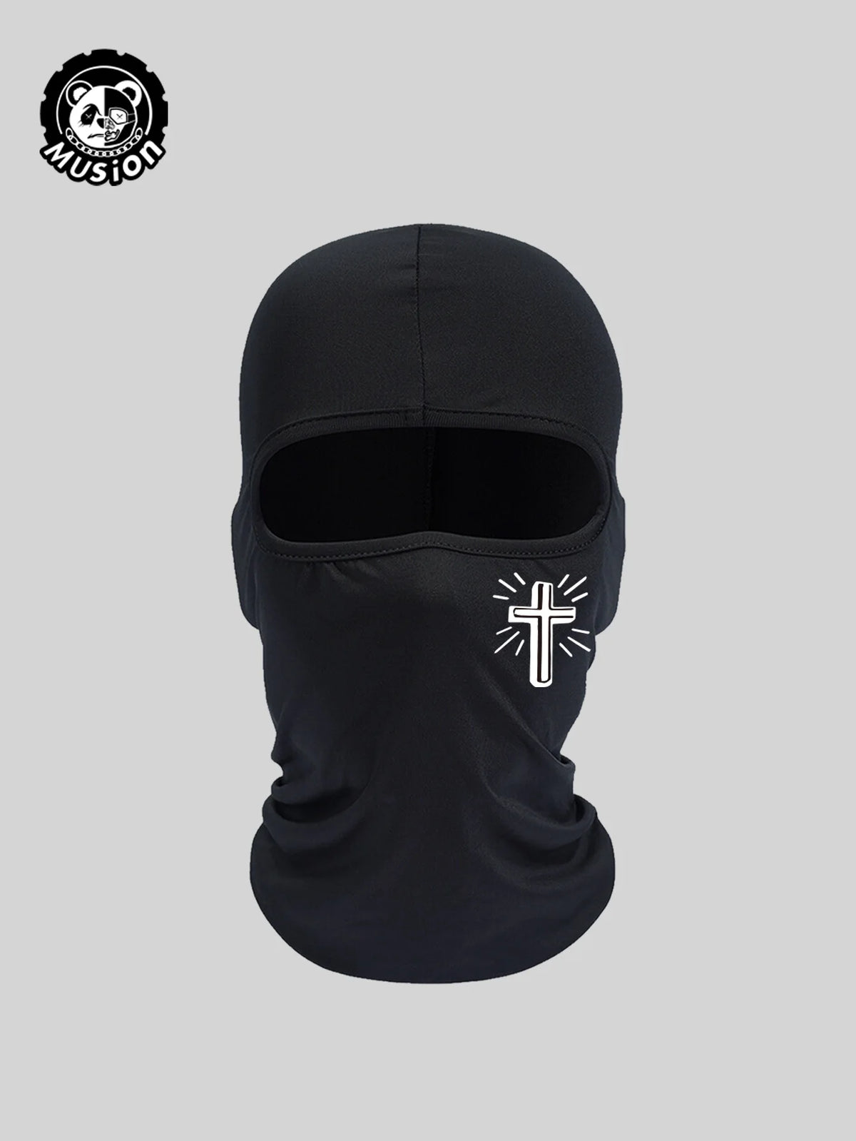 Balaclava de malla negra transpirable con diseño de cruz blanca