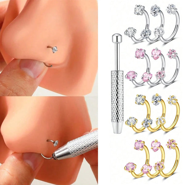 Stainless steel horseshoe nose studs and ball grabbers in silver and gold colors shown on a skin model.