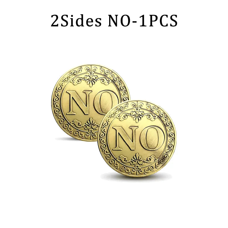 Two vintage antique bronze decision coins with the letters NO stamped on them.