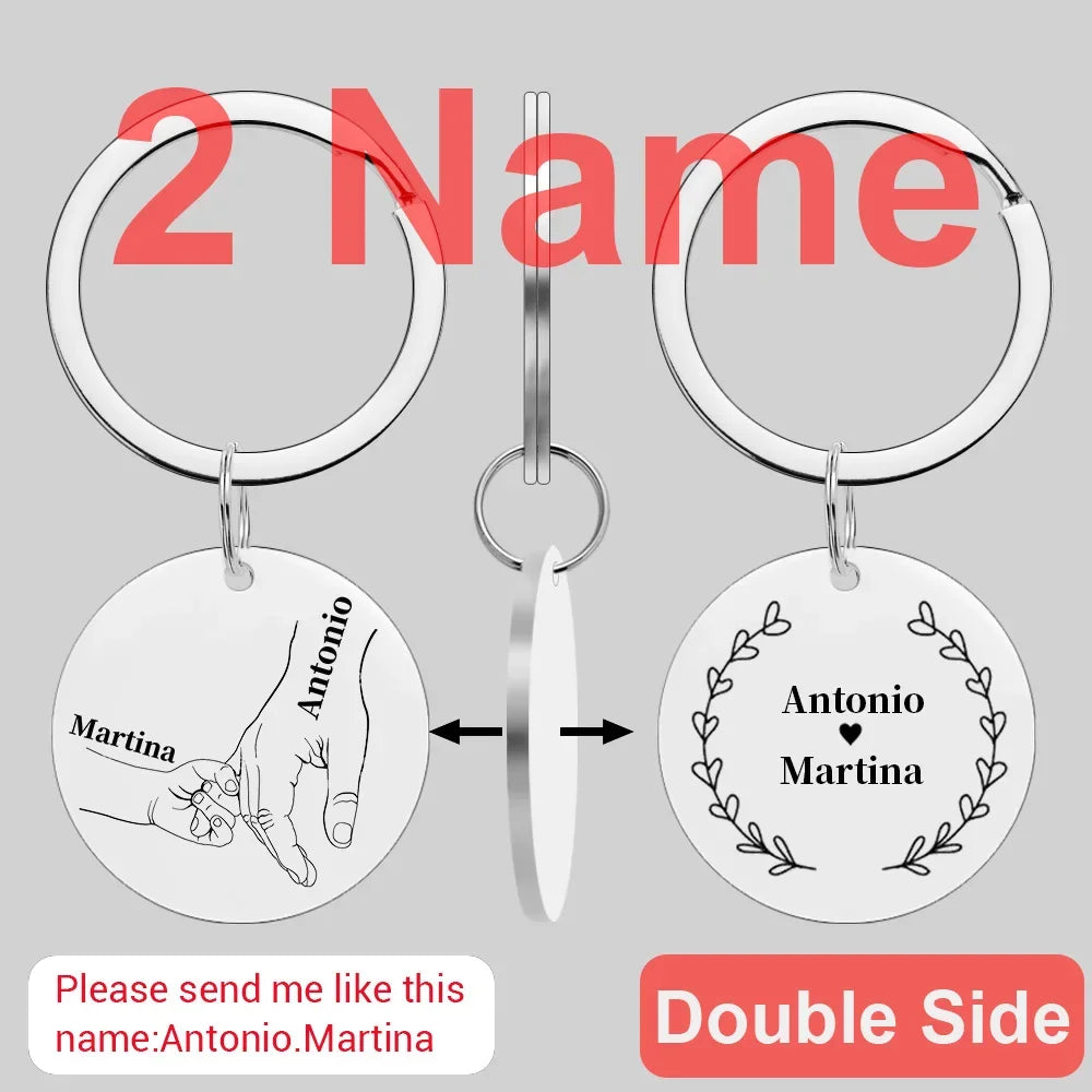 Two stainless steel keychains featuring names Antonio and Martina, designed for a double side