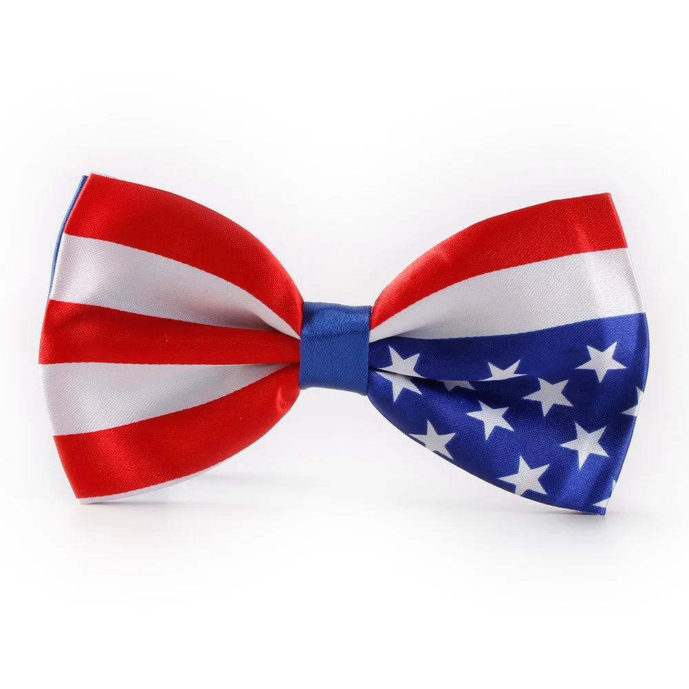 A red, white, and blue striped silk necktie tied in a bow with stars on the blue section.