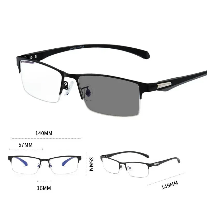 Une paire de lunettes de lecture photochromiques noires avec diverses mesures.