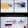 Side view of photochromic progressive reading glasses showing color changing function and a polarized/UV400 test chart.
