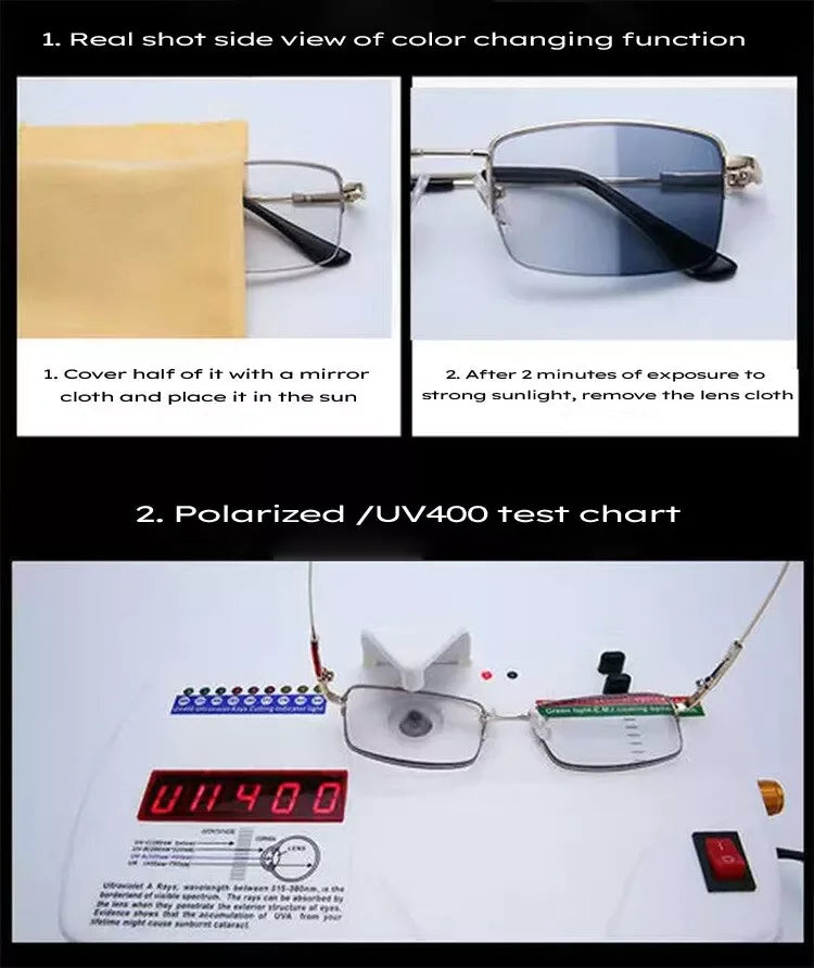 Side view of photochromic progressive reading glasses showing color changing function and a polarized/UV400 test chart.