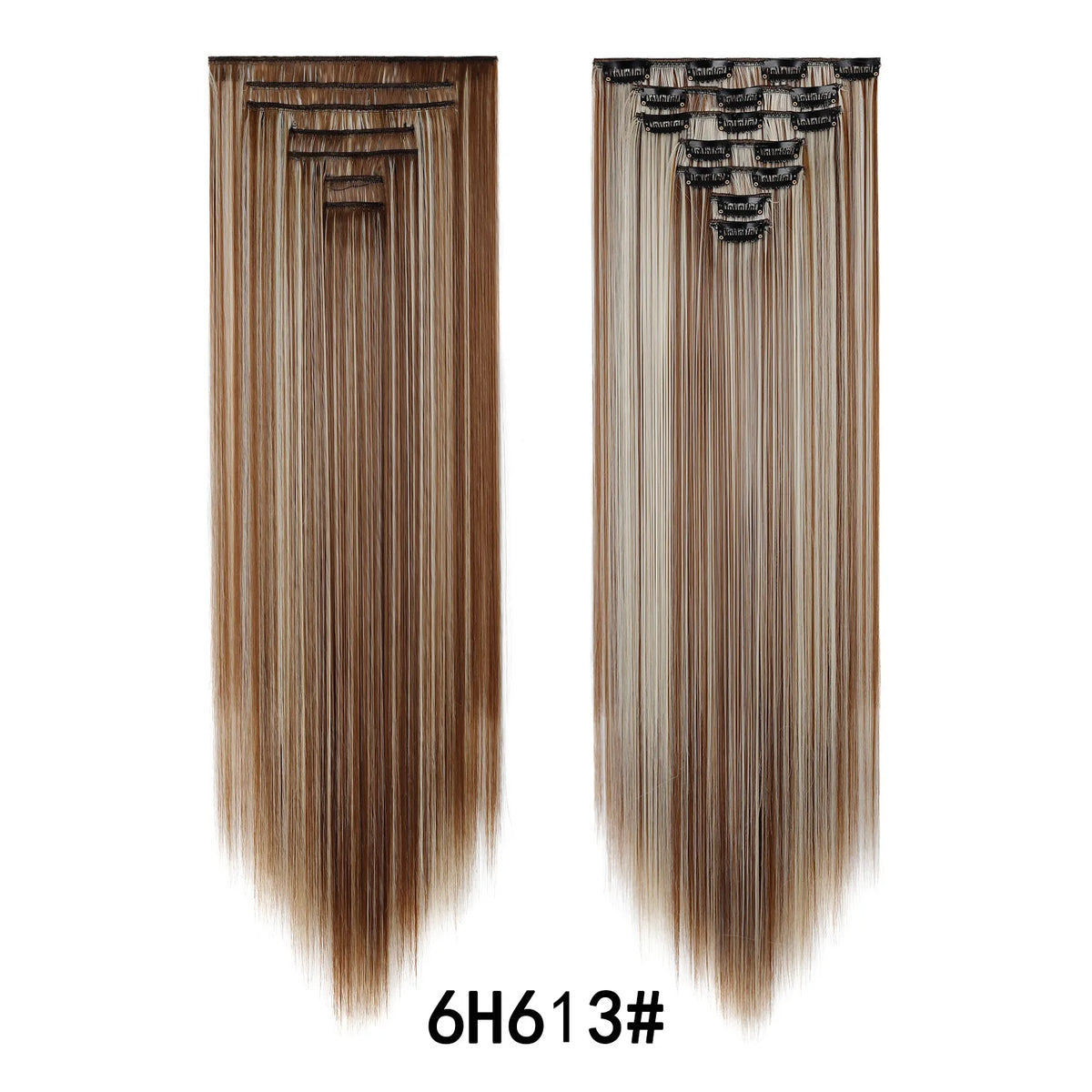A pair of long, straight brown hair extensions with clip-in attachments shown vertically.