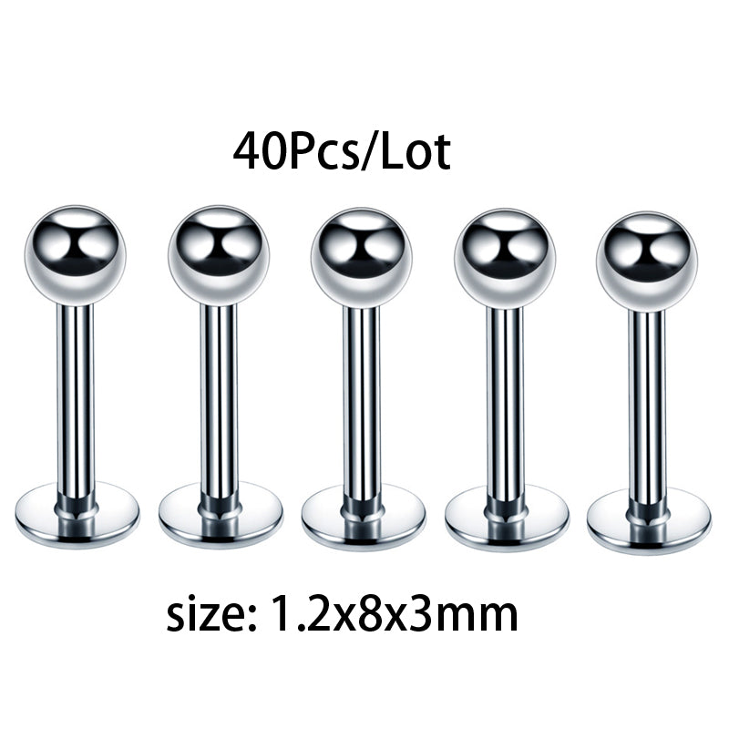 Four identical silver stainless steel labret lip rings shown individually with a size specification.