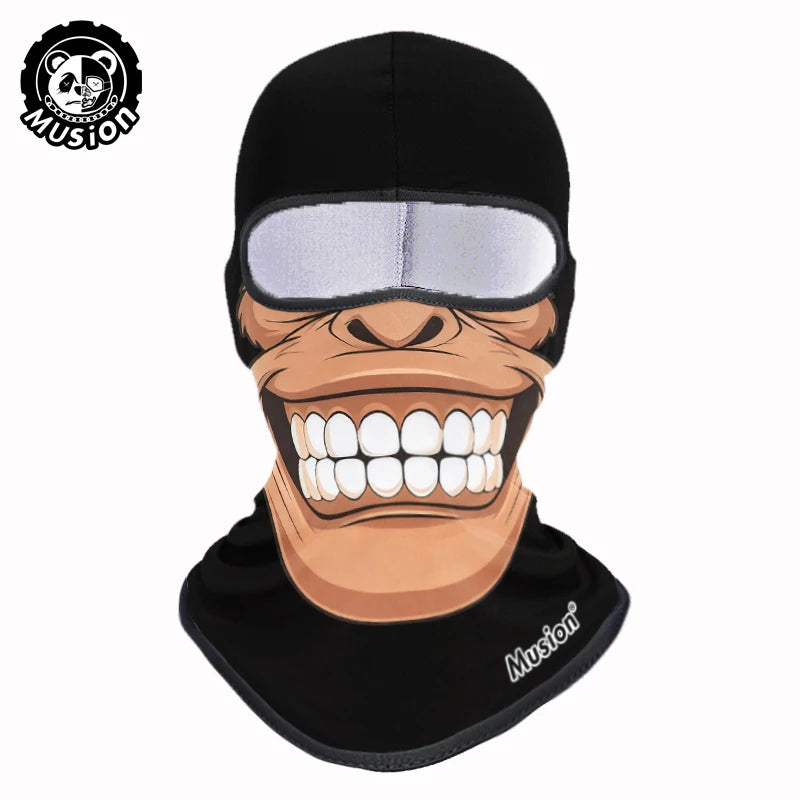 Black full face balaclava helmet liner featuring a monkey face design for motorcycling and cycling