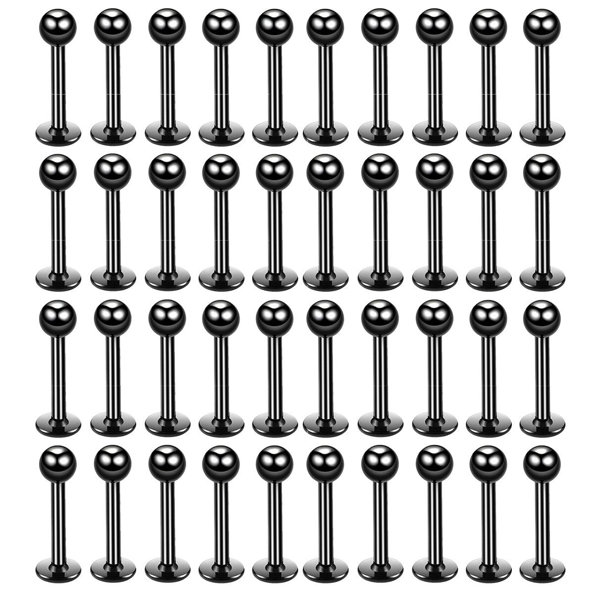 A grid of stainless steel labret lip rings for piercings.
