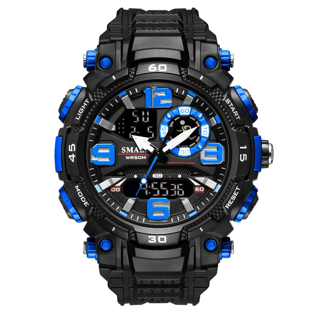A black digital wristwatch with blue accents, featuring a bezel, crown, and display showing time and functions.