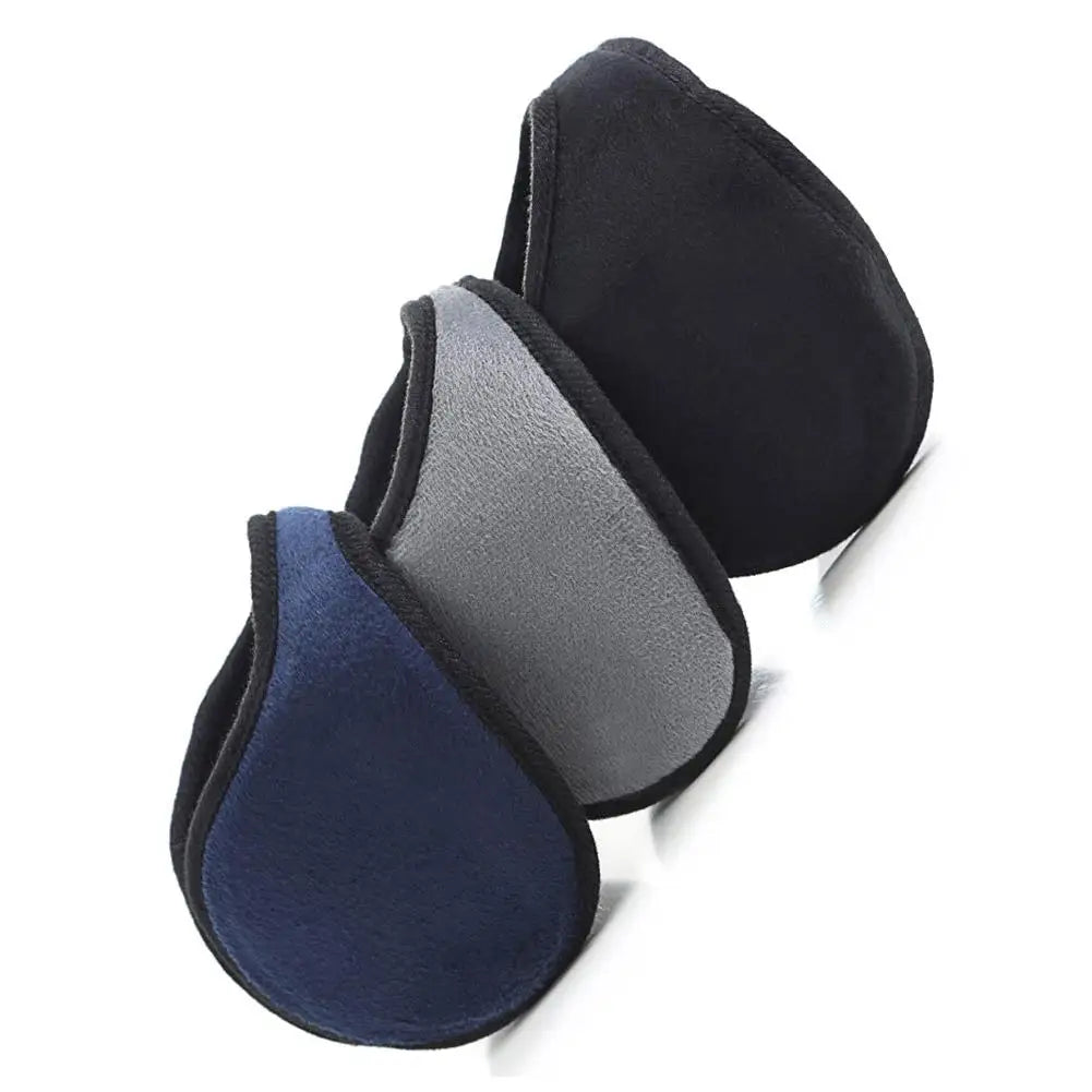 Three plush winter earmuffs in black, gray, and navy blue are shown angled against a white background.